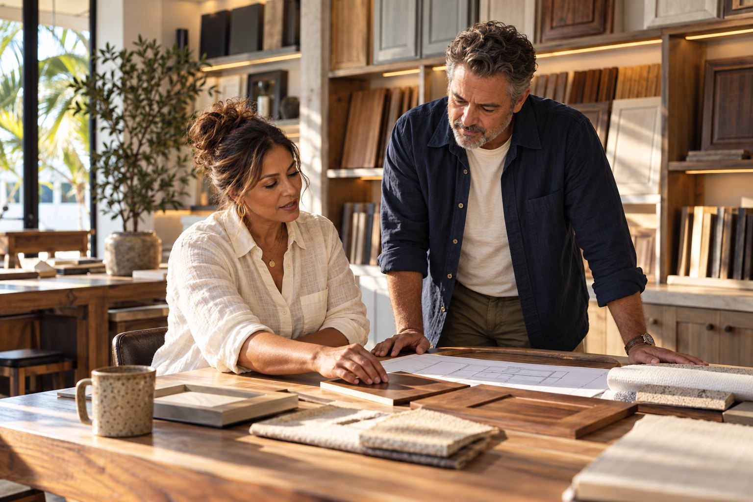 Two business owners discussing plans in their cabinetry workshop