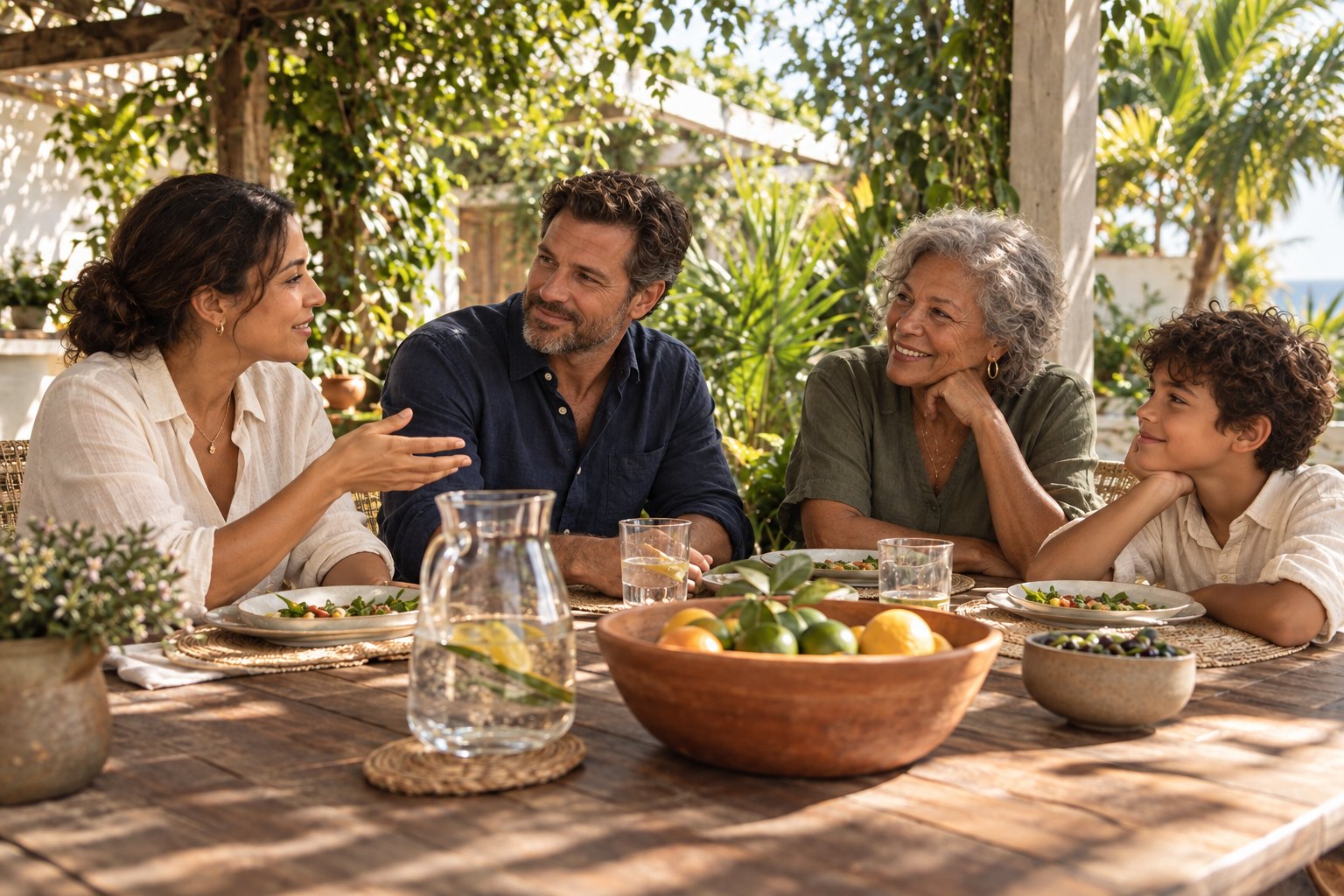 Three generations sharing a relaxed lunch in a sunlit garden