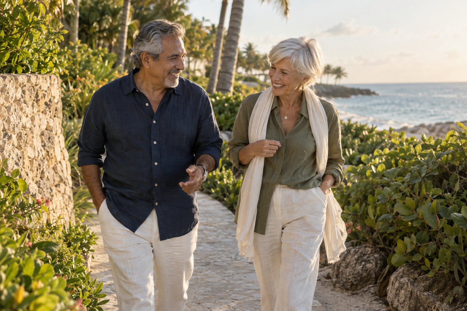 A couple enjoying a walk together along a coastal garden path